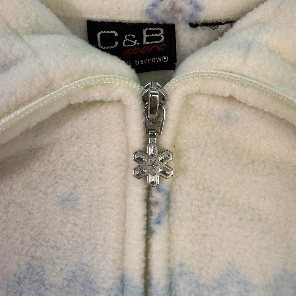 Womens C&B White Fleece Winter Cardigan Jacket Zipper Sz‎ L Snowflake Snow